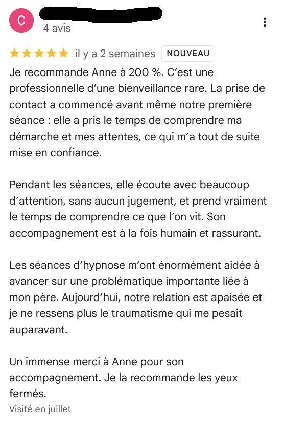 Avis Google sur Anne Le Bouëtté Hypnose